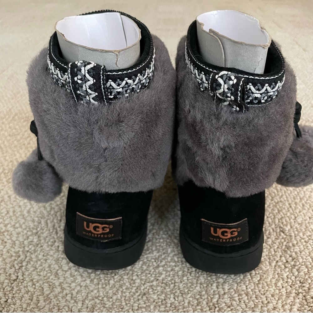 UGG Brie Waterproof Suede Boots Black w/ Pom Poms Women’s size 11 - Picture 4 of 13